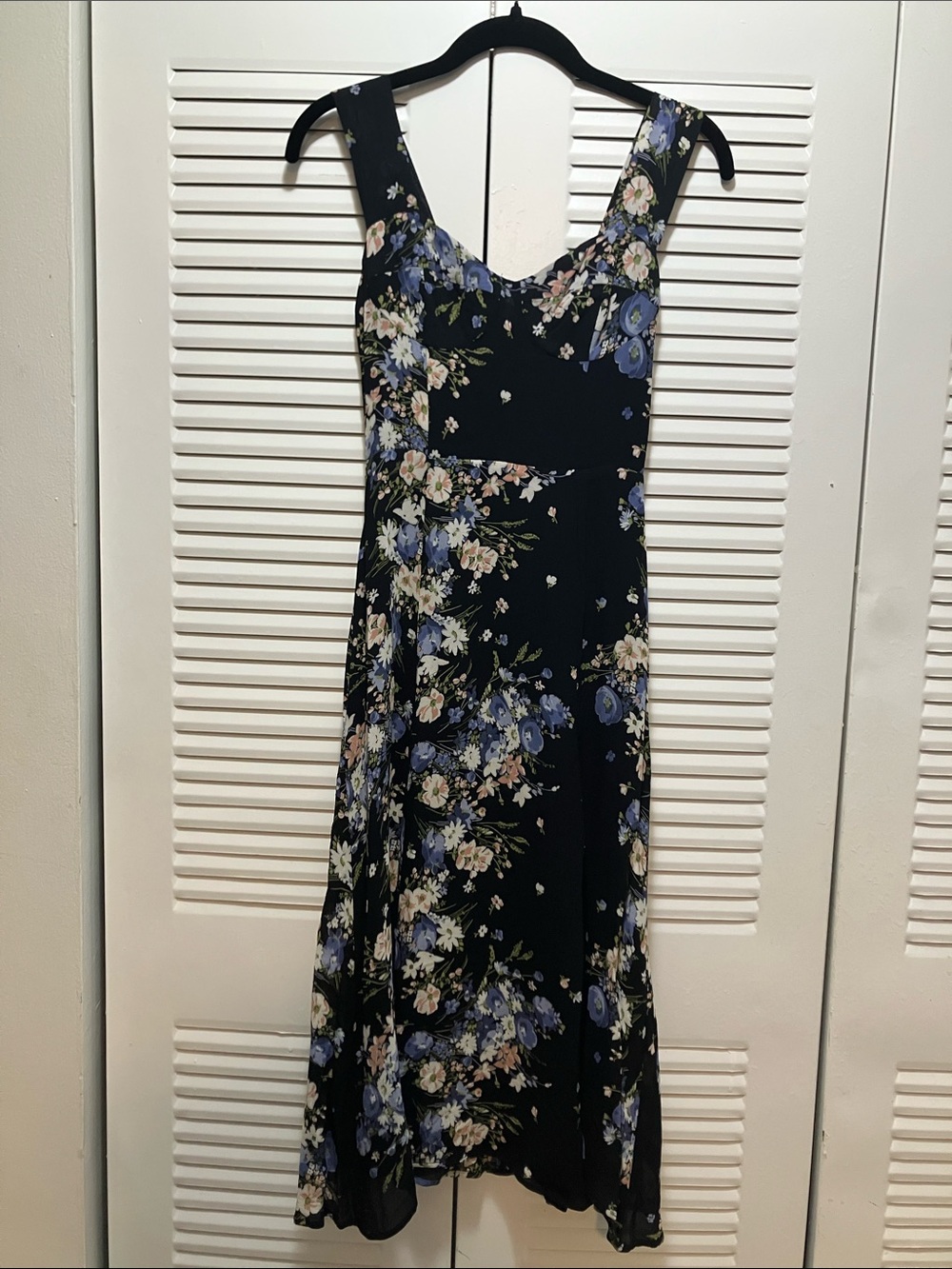 Reformation Corset like Scoop Black Floral Midi Dress with Blue & Cream Blooms